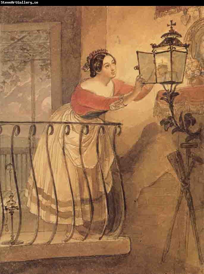 Karl Briullov An Italian Woman Lighting a lamp bfore the Image of the Madonna